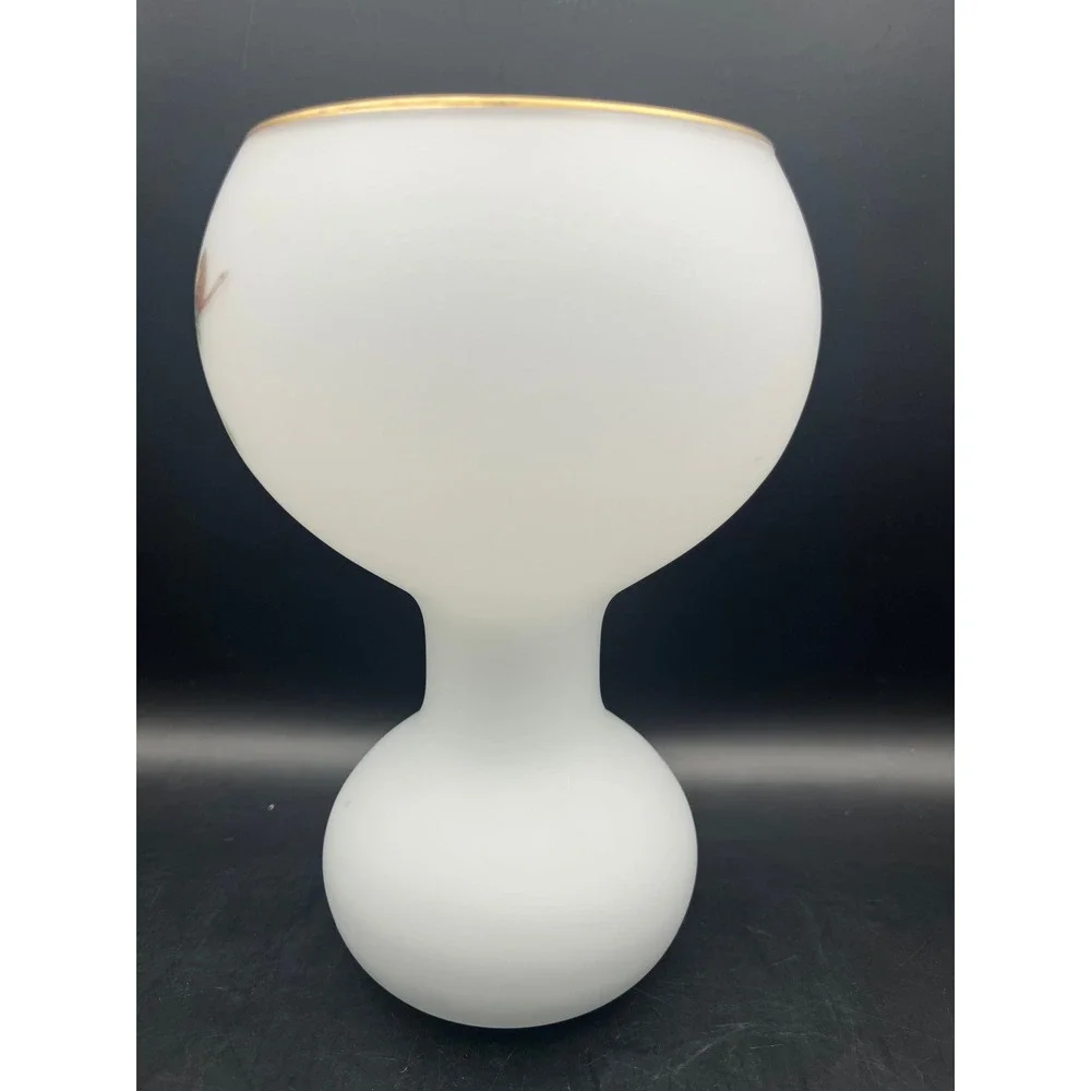 Vtg Opaline Satin Norleans Frosted Glass Vase Gold Trim Bird Pine Painted 7x4.5